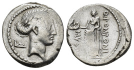 Q. Pomponius Musa. 56 BC. AR Denarius (3.5 Gr. 18mm.). Rome 
Laureate head of Apollo right; sandal behind 
Rev. Thalia, the Muse of Comedy, wearing lo...