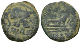 Anonymous. 179-170 BC. Æ Triens (24mm, 9.5 g). Rome mint. Helmeted head of Minerva right; •••• (mark of value) above / Prow of galley right; dolphin a...