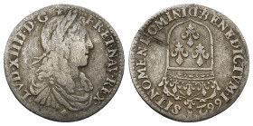 FRANCE. Louis XIV, 1643–1715. 1/12 Ecu (5 Sols) (2.21 Gr. 20mm.), Limoges, 1662. 
 Draped juvenile bust of Louis XIV to right. 
Rev. Crowned coat of a...