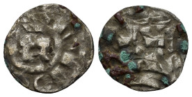 Italy, Lucca. Enrico III, IV or V (1039-1125). AR Denaro Monogram. R/ LVCA. (0.67 Gr. 15mm.)