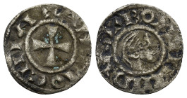 CRUSADERS, Antioch. Bohémond III. Minority, 1149-1163. AR Denier (16mm, 0.82 g) + ANTIOCHIA, short cross pattée / + BOANIIHDIIS, bare head right