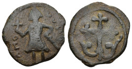 CRUSADERS. Edessa. Baldwin II (Second reign, 1108-1118). Follis. (3.8 Gr. 20mm.) 
 Baldwin standing left, wearing conical helmet, holding globus cruci...