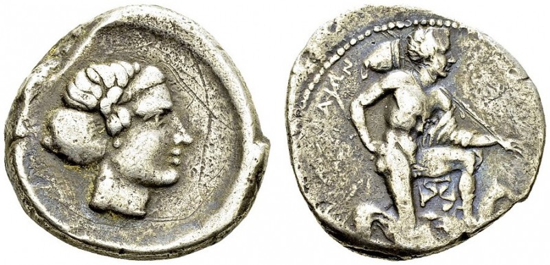 Sicily. Segesta. Tetradrachm ca. 405 BC. Obv. ΕΓΕΣΤΑΙΩΝ. The hero Egestes to rig...