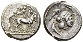 Syracuse, Hieron I, 478-466 BC. Tetradrachm 475-470 BC. Boehringer 300E (V143/R208E). AR. 17.24 g. VF
Same dies as CNG auction 100, lot 1277.