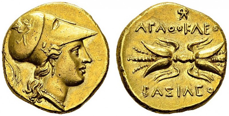 Gold Stater 295-298 BC. Obv. Helmeted head of Athena right. Rev. ΑΓΑΘΟΚΛΕΟΣ ΒΑΣΙ...