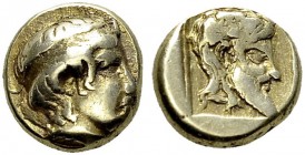 Lesbos. Mytilene. Hekte 454-427 BC. Obv. Apollo head right. Rev. Silenos head right within incuse square. HGC 6, 977. EL. 2.57 g. VF