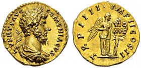 Lucius Verus, 161-169. Aureus 163-164, Rome. Obv. L VERVS AVG - ARMENIACVS. Laureate, draped and cuirassed bust right. Rev. TR P IIII IMP II COS II. N...