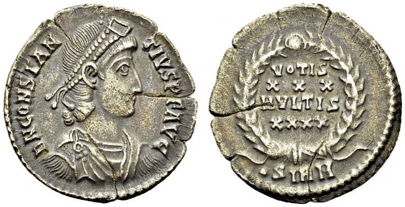 Constantius II, 337-361. Siliqua 351-355, Sirmium. RIC 15. AR. 2.71 g. VF cracke...
