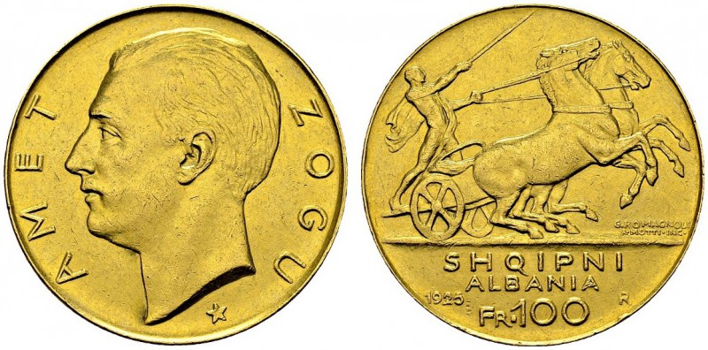Ahmed Zogu, 1925-1928. 100 Franga Ari 1926 R, Rome. One star below bust. Obv. AM...