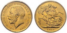 George V, 1910-1936. Sovereign 1915 S, Sydney. KM 29; Fr. 38; Spink 4003. AU. 7.99 g.
PCGS MS 63+