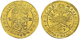 Salzburg. Johann Jakob Khuen von Belasi, 1560-1586. 2 Ducats 1571. Obv. IOA IA D G AR EPS SALZ AP S L / S - R. Archibishop over his coat of arms. Rev....