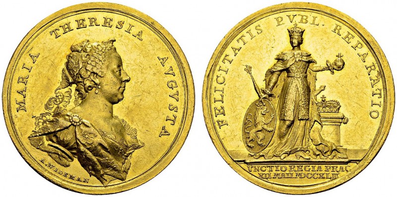 Maria Theresa, 1740-1780. Medallic 10 Ducats 1743 by A. Wideman. 49.5 mm. Corona...