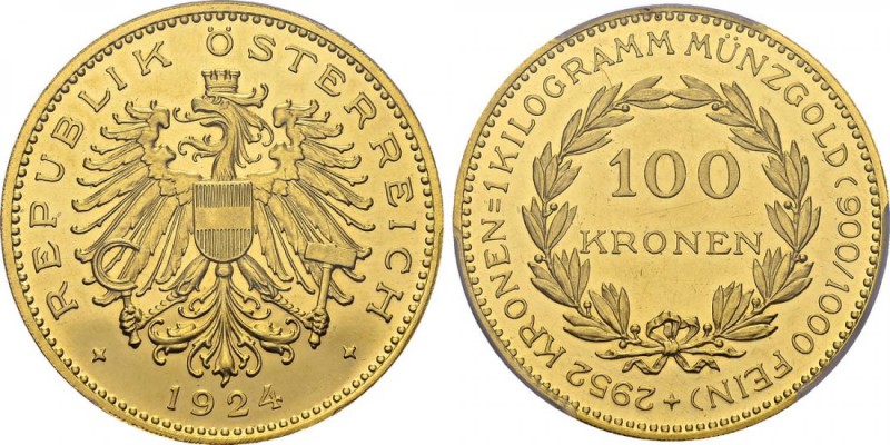 Republic, 1918-1938. 100 Kronen 1924, Vienna. Obv. REPUBLIK ÖSTERREICH. Crowned ...