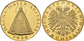 100 Schilling 1936, Vienna. Madonna of Mariazell. Obv. OESTERREICH / 100 SCHILLING. Nimbed double-headed eagle with coat of arms on his chest. Rev. MA...