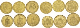 Lot of 6 coins : Ducat 1841 E, Ducat 1867 E, 20 Corona 1894, 10 Korona 1911 KB, 20 Korona 1892 KB, 20 Korona 1898 KB. Total (6). AU. 30.54 g. (total)....