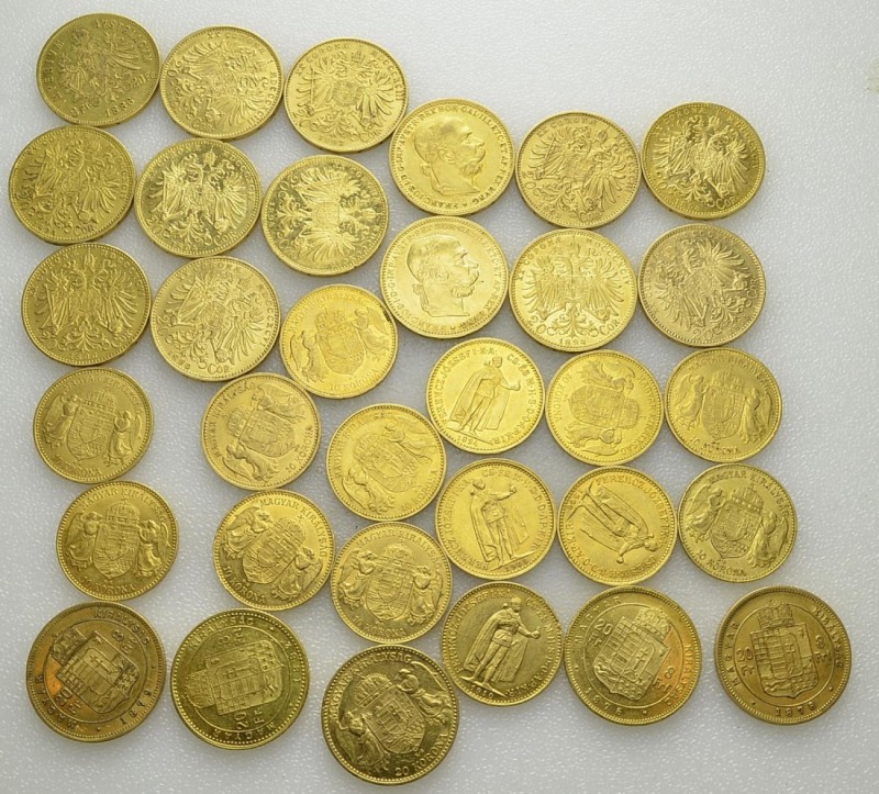 Lot of 33 coins : Austria, 8 Florins/20 Francs 1886, 20 Corona 1893 (4), 1894 (6...