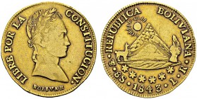Republic, 1825-. 8 Escudos 1843 L R, Potosi. KM 108.2; Fr. 26. AU. 26.78 g. VF-XF