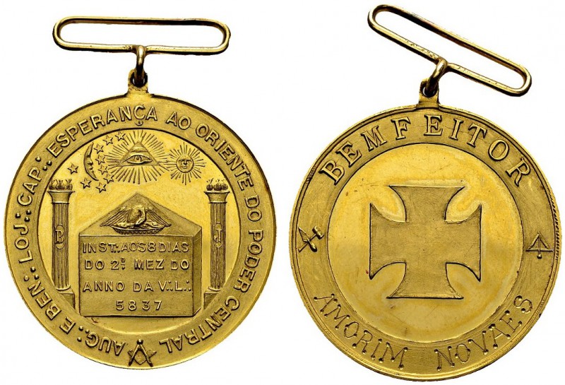 Pedro II, 1831-1889. Gold massonic medal AL 5837 (1837). 32.5 mm. Loja Esperança...