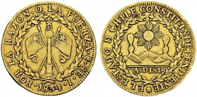 Republic, 1818-. 8 Escudos 1834 I, Santiago. KM 84; Fr. 33. AU. 26.70 g. VF-XF