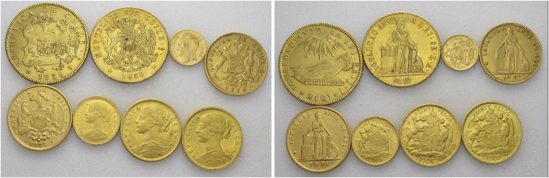 Lot of 8 coins : 8 Escudos 1838 IJ, 8 Escudos 1850 LA, 5 Pesos 1895, 10 Pesos 18...