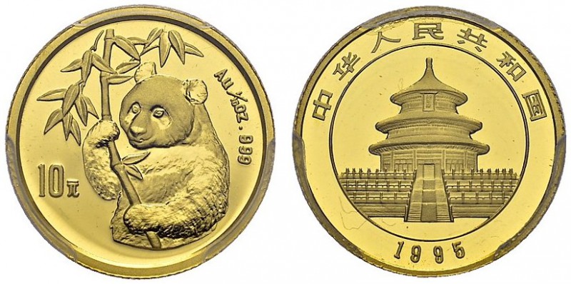 People's Republic, 1949-. 10 Yuan 1995. Small date. 1/10 oz gold panda. KM 716; ...