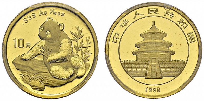 10 Yuan 1998. Small date. 1/10 oz gold panda. KM 1127; Fr. B7. AU. 3.11 g. PCGS ...