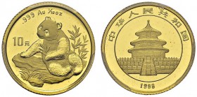 10 Yuan 1998. Small date. 1/10 oz gold panda. KM 1127; Fr. B7. AU. 3.11 g. PCGS MS 69