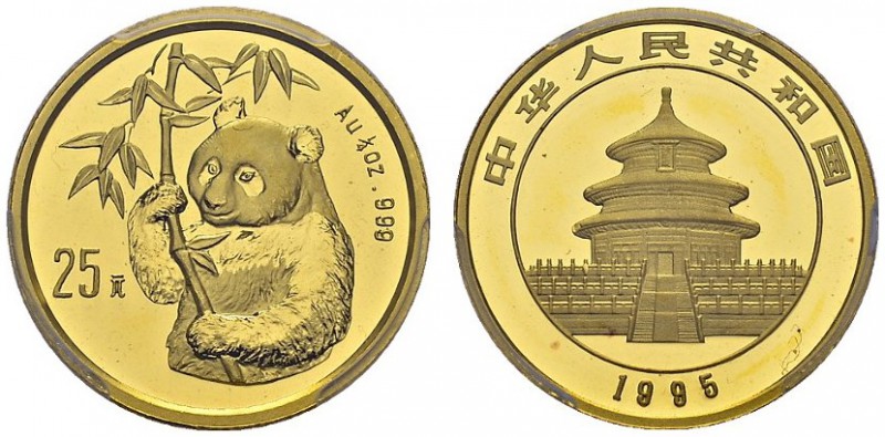 25 Yuan 1995. Small date. ¼ oz gold panda. KM 717; Fr. B6. AU. 7.77 g. R PCGS MS...