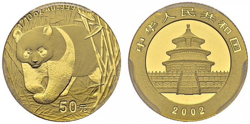 50 Yuan 2002. Low letters. 1/10 gold panda. KM 1457; Fr. B17. AU. 3.11 g. PCGS M...