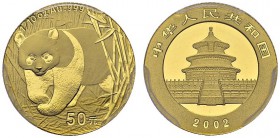 50 Yuan 2002. Low letters. 1/10 gold panda. KM 1457; Fr. B17. AU. 3.11 g. PCGS MS 69
