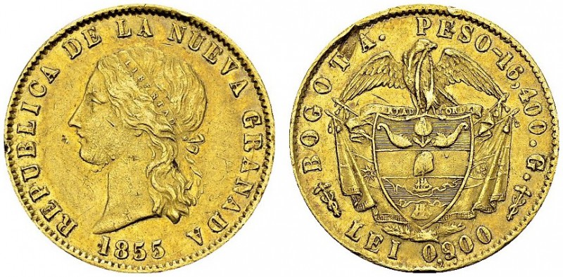 Republic of New Granada, 1831-1858. 10 Pesos 1855, Bogota. KM 116.1; Fr. 79. AU....