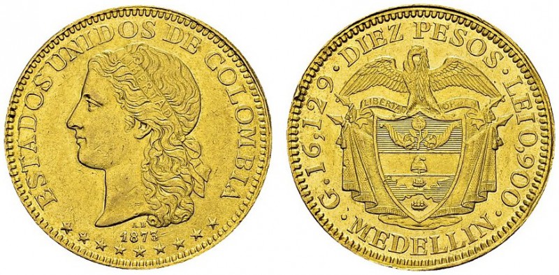 United States of Colombia, 1863-1886. 10 Pesos 1873, Medellin. KM 141.4; Fr. 104...