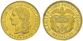 United States of Colombia, 1863-1886. 10 Pesos 1873, Medellin. KM 141.4; Fr. 104. AU. 16.07 g.
XF+ cleaned