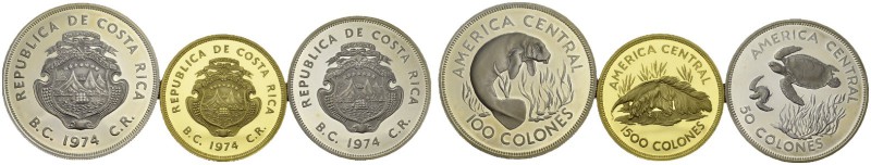 Set of three coins 1974 : 50 Colones, 100 Colones and 1500 Colones. Conservation...