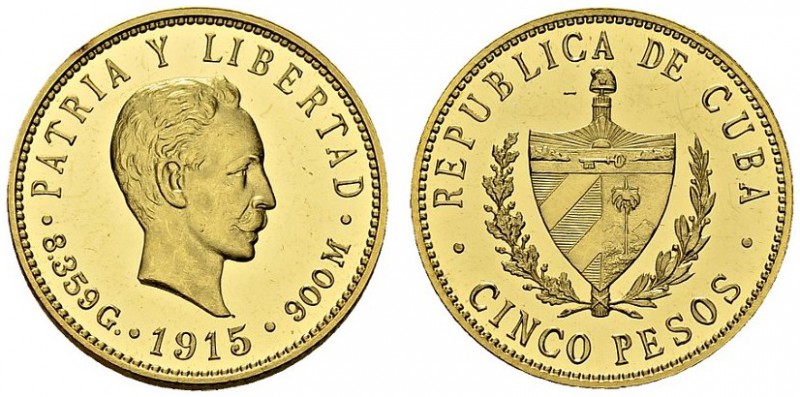 5 Pesos 1915, Philadelphia. Proof strike. Obv. PATRIA Y LIBERTAD. Head of José M...
