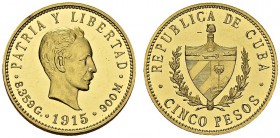 5 Pesos 1915, Philadelphia. Proof strike. Obv. PATRIA Y LIBERTAD. Head of José Martí right. Rev. REPUBLICA DE CUBA / CINCO PESOS. Coat of arms. KM 19;...
