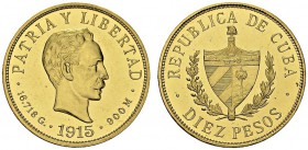 10 Pesos 1915, Philadelphia. Proof strike. Obv. PATRIA Y LIBERTAD. Head of José Martí right. Rev. REPUBLICA DE CUBA / DIEZ PESOS. Coat of arms. KM 20;...