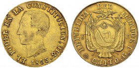 8 Escudos 1855/2 GJ, Quito. Obv. EL PODER EN LA CONSTITUCION. Head of Simón Bolívar left. Rev. REPUBLICA DEL ECUADOR / QUITO. Coat of arms. KM 34.1; F...