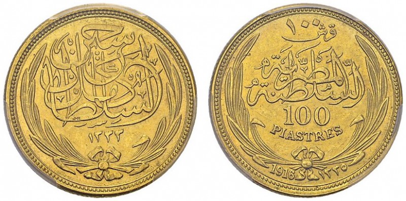 Hussein Kamal, 1914-1917. 100 Piastres 1916. KM 324; Fr. 24. AU. 8.50 g. PCGS MS...