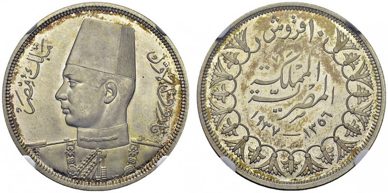 Farouk, 1936-1952. 10 Piastres AH 1356 / 1937. KM 367. AR. 14.00 g. RRR NGC PF 6...