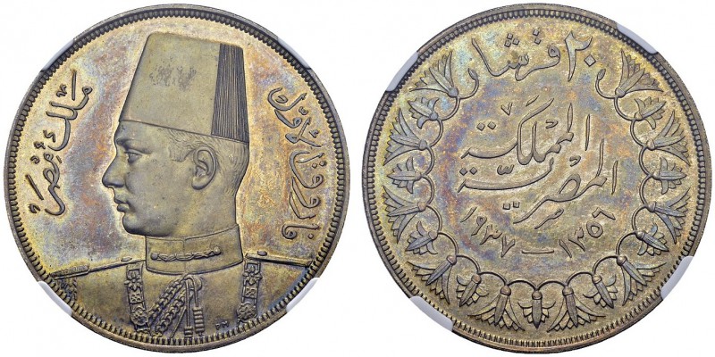 20 Piastres AH 1357 / 1937. KM 368. AR. 28.00 g. RRR NGC PF 63
Ex. Lidums colle...