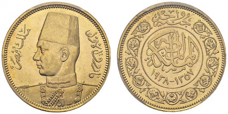 100 Piastres AH 1357 / 1938. Royal wedding. KM 372; Fr.36. AU. 8.50 g. PCGS MS 6...