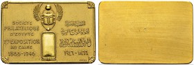 Gold medal 1946 by Fuchs. 34.5x51 mm. Société philatelique d'Egypte, 1re exposition au Caire. AU. 33.95 g. SUP
18 carat Egyptian hallmark on back.