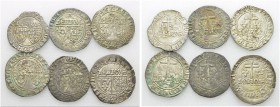 Royaume. Henri VI de Lancastre, 1422-1453. Lot de six Blancs aux écus : Rouen (3), Saint-Lô (2), Indéterminé. Total (6). Duplessy 445. AR. 3.05, 3.03,...
