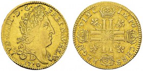 Faux Louis d'or 1710 D, Lyon. Gad. cf. 243. AU. 7.99 g. TB
Faux d'époque en or.