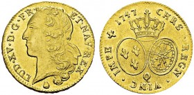 Double Louis d'or au bandeau 1747 Q, Perpignan. Av. LUD XV D G FR ET NAV REX. Tête à gauche. Rv. CHRS REGN VINC IMPE. Ecus de France et de Navarre cou...