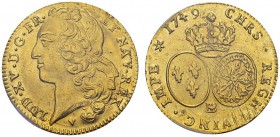 Double Louis d'or au bandeau 1749 BB, Strasbourg. Av. LUD XV D G FR ET NAV REX. Tête à gauche. Rv. CHRS REGN VINC IMPE. Ecus de France et de Navarre c...