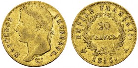 Napoléon Ier, les Cent Jours, 1815. 20 Francs 1815 A, Paris. Gad. 1025a; F. 516. AU. 6.46 g. TTB