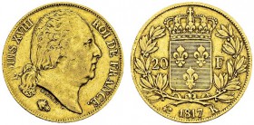 Louis XVIII, 1815-1824. 20 Francs 1817 K, Bordeaux. Gad. 1028; F. 519. AU. 6.39 g. 4803 ex. TTB