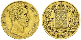 Charles X, 1824-1830. 20 Francs 1826 Q, Perpignan. Gad. 1029; F. 520. AU. 6.42 g. 4574 ex. TTB